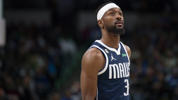 Mavericks point guard Kemba Walker looks on during a game.